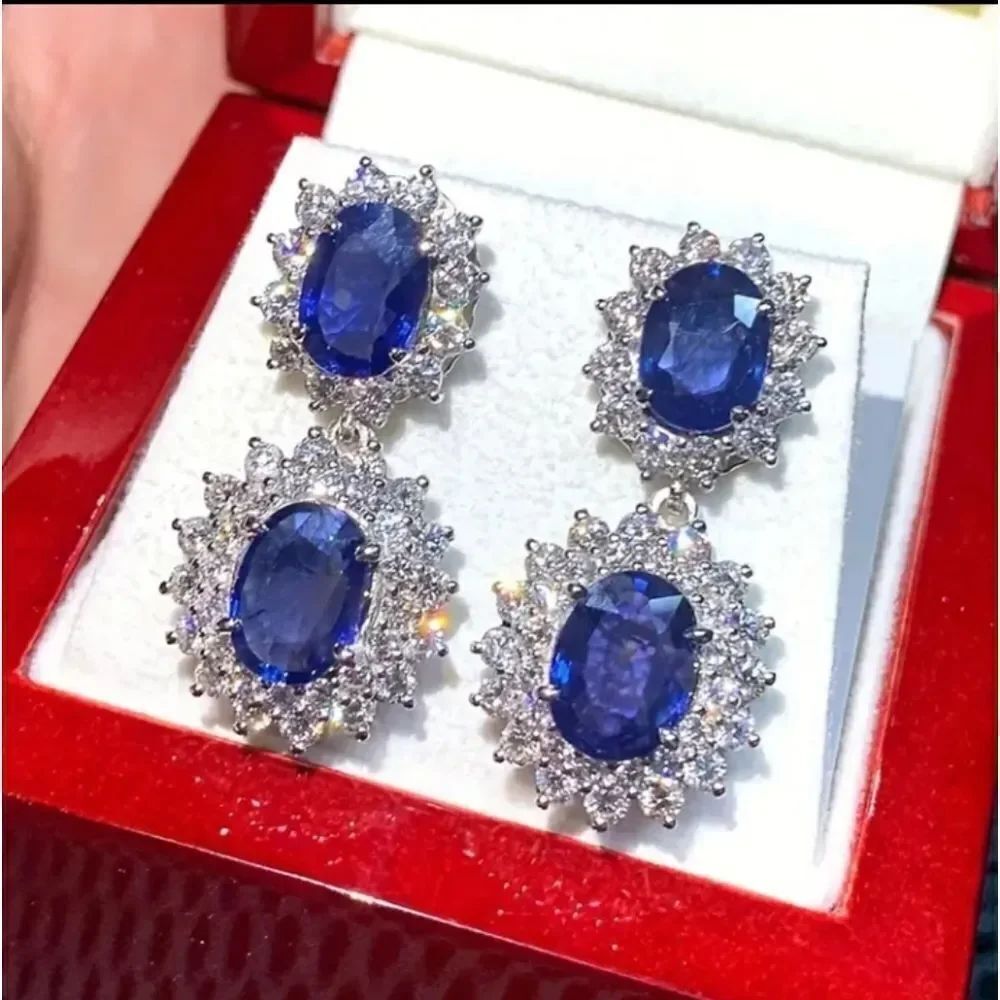 Elegant Dark Blue Round Cut Double Diamond Earrings